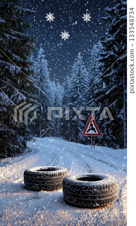 A vehicle drives along a snowy road with a warning sign indicating icy conditions in a winter landscape filled with falling snow A vehicle drives along a snowy road with a warning sign indicating icy conditions in a winter landscape filled with falling snow 133548734