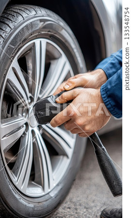A mechanic is using a digital tool to check the tire pressure of a vehicle in a service area while it is daylight 133548754