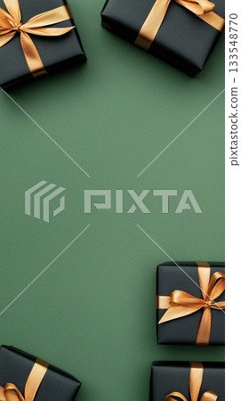 Two beautifully wrapped black gift boxes with golden ribbons sit on a rich dark green background, ideal for festive moments and surprises Two beautifully wrapped black gift boxes with golden ribbons sit on a rich dark green background, ideal for festive moments and surprises 133548770