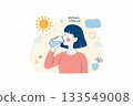 Woman drinking water - Illustration of a woman hydrating for beauty and health 133549008