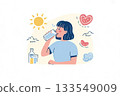 Woman drinking water - Illustration of a woman hydrating for beauty and health 133549009