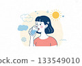 Woman drinking water - Illustration of a woman hydrating for beauty and health 133549010