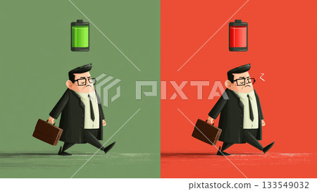 Businessman in energetic and exhausted states illustrating work-life balance 133549032