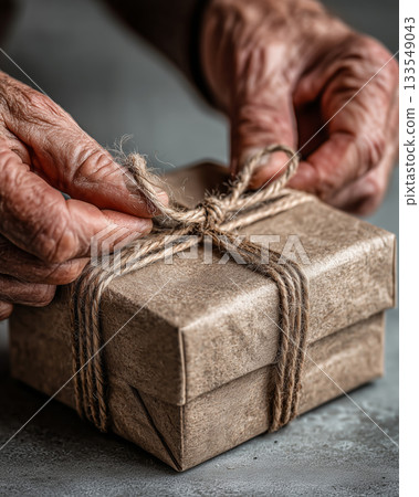 Hands carefully tying natural ribbon around a recycled gift box Hands carefully tying natural ribbon around a recycled gift box 133549043