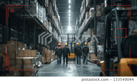 Workers navigating a busy warehouse during a late afternoon shift in the UK 133549044