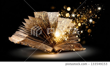 Magic book releasing sparks at night with golden light and floating particles in a dark background 133549153