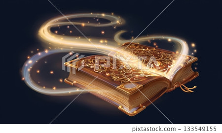 Enchanted book releasing magic sparkles in a dark background, creating a mystical atmosphere 133549155