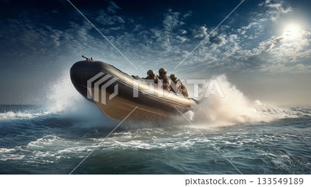 Navy seal point man in an exhilarating maritime operation at sea 133549189