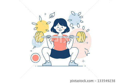 Woman exercising at the gym. Illustration of a healthy woman enjoying muscle training and fitness. Woman exercising at the gym. Illustration of a healthy woman enjoying muscle training and fitness. 133549238