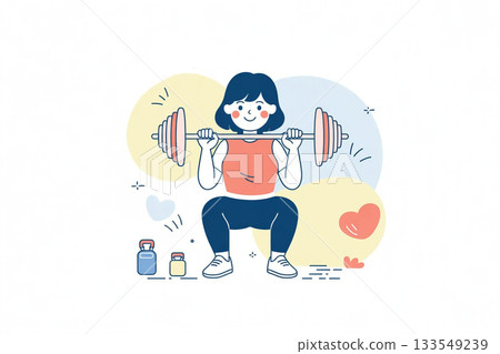 Woman exercising at the gym. Illustration of a healthy woman enjoying muscle training and fitness. 133549239