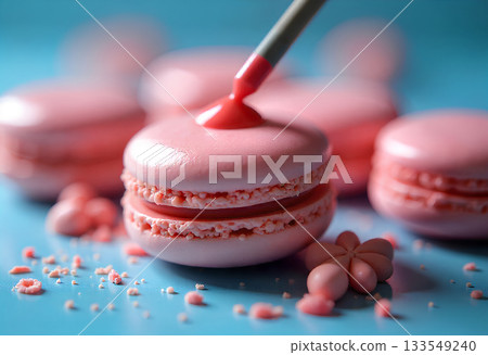 pink macaroon on a wooden spoon 133549240
