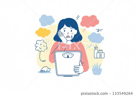 A woman surprised by the number on the scale. Illustration of a woman shocked by her failed diet. 133549264