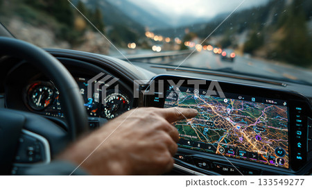 Exploring winding roads with navigation system on a scenic drive 133549277