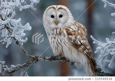 Majestic ural owl gracefully perched on a frosty branch in a serene forest 133549316