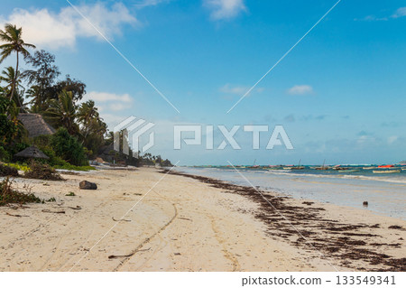 View of tropical sandy Matemwe beach on Zanzibar, Tanzania View of tropical sandy Matemwe beach on Zanzibar, Tanzania 133549341