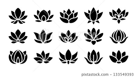 Lotus flower icon. Meditation and yoga harmony symbol outline abstract floral silhouette. Natural design of lotus petal and leaves for spa or organic product element. Logo black vector set 133549393