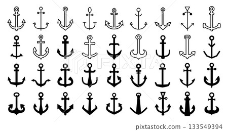 Anchor icons. Navy symbol, maritime design vintage silhouette and nautical vector element. Old sailor equipment and outline for ship or ocean logo. Pirate art, business sign isolated marine set 133549394