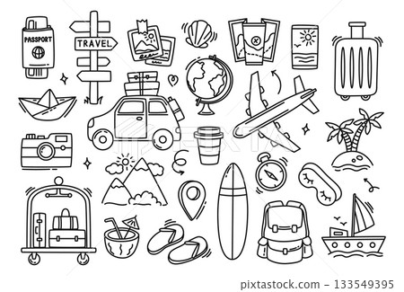 Travel hand drawn doodle icon set. Plane and suitcase for journey, flight vacation sketch. Passport and camera, globe and compass summer holiday design. Tourism card, cute sticker, map vector element 133549395