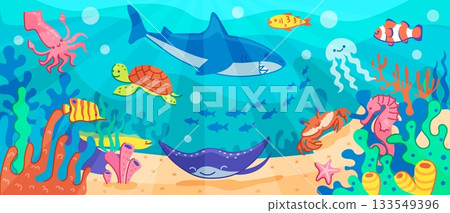 Underwater sea animal, seabed scene with cute fish, marine life for ocean vector background. Tropical illustration with shark and turtle, coral and seaweed summer exotic seascape. Aquatic landscape 133549396