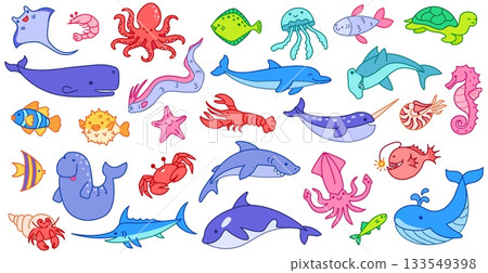 Cartoon sea animals. Hand drawn whales, sharks and dolphins, octopus and fish, turtle and crab, lobster and squid, jellyfish and narwhal cute ocean creatures vector isolated set Cartoon sea animals. Hand drawn whales, sharks and dolphins, octopus and fish, turtle and crab, lobster and squid, jellyfish and narwhal cute ocean creatures vector isolated set 133549398