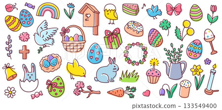 Color Easter doodle. Eggs, bunnies and chicks, flowers and basket, wreath and dove, cupcake and candle spring hand drawn holiday elements for design and crafts vector isolated set Color Easter doodle. Eggs, bunnies and chicks, flowers and basket, wreath and dove, cupcake and candle spring hand drawn holiday elements for design and crafts vector isolated set 133549400