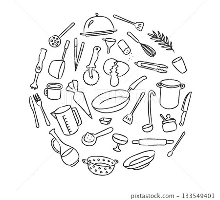 Kitchen tools circle design. Kitchen doodle utensils, cooking illustrations, culinary labels, packaging and logo design for branding project and prints crafts. Vector isolated set Kitchen tools circle design. Kitchen doodle utensils, cooking illustrations, culinary labels, packaging and logo design for branding project and prints crafts. Vector isolated set 133549401