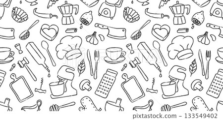Kitchen cook doodle utensil seamless pattern. Pot and bowl, fork and plate, frying pan and whisk, chef hat for cooking. Restaurant menu vector background 133549402