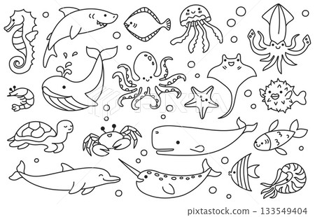 Sea animal doodle, line fish and marine creature, ocean cartoon underwater sketch. Octopus and seahorse, dolphin and turtle, whale and jellyfish, shark and crab aquatic undersea isolated vector set 133549404