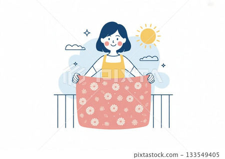 家庭主婦晾曬被褥和床單的插圖 / 乾淨舒適的生活 / 日常家務 133549405