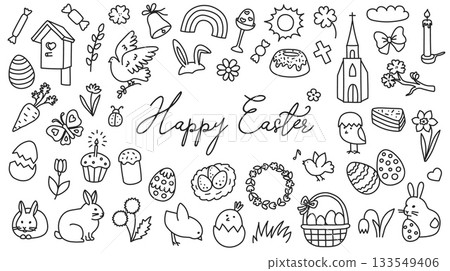 Easter doodle icon set with egg and bunny, chick spring cute hand drawn design. Rabbit and butterfly, flower basket and dove, church holiday vector set. Happy Easter background, seasonal festive card Easter doodle icon set with egg and bunny, chick spring cute hand drawn design. Rabbit and butterfly, flower basket and dove, church holiday vector set. Happy Easter background, seasonal festive card 133549406