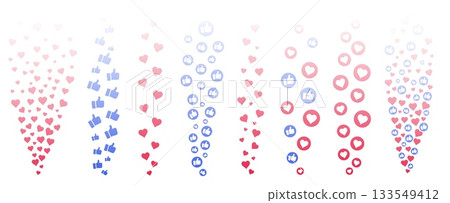 Flying heart and thumb up emoji for live stream with love and social media reaction. Vector set red round icons and chat bubbles for video or network background. Post comment, UI element Flying heart and thumb up emoji for live stream with love and social media reaction. Vector set red round icons and chat bubbles for video or network background. Post comment, UI element 133549412
