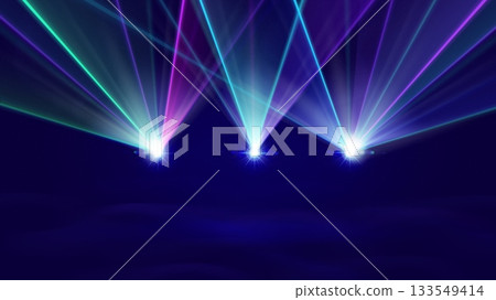 Laser light show with blue beam and stage background for concert or dj and disco event. Vector effect neon spotlight and music technology for club and nightlife poster. Rays bright scanner design Laser light show with blue beam and stage background for concert or dj and disco event. Vector effect neon spotlight and music technology for club and nightlife poster. Rays bright scanner design 133549414