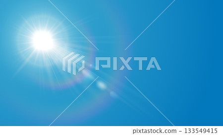 Sun and sunlight flare in blue sky. Sunshine with lens effect. Solar ray summer background, bright warm halo with optical beam. Sunrise glow, fantasy magic and realistic sparkle vector illustration Sun and sunlight flare in blue sky. Sunshine with lens effect. Solar ray summer background, bright warm halo with optical beam. Sunrise glow, fantasy magic and realistic sparkle vector illustration 133549415
