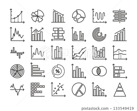 Line graph and chart icons. Graph, bar chart and pie diagram, data analytics and business infographic elements. Statistic information visualization and report graph vector set Line graph and chart icons. Graph, bar chart and pie diagram, data analytics and business infographic elements. Statistic information visualization and report graph vector set 133549419
