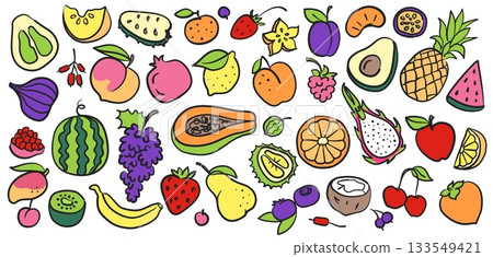 Hand drawn fruits. Flat pineapple, raspberry and banana, apple and lemon, kiwi and plum, pomegranate and dragon, grape and cherry, orange. Sketch tropic fruit vector set 133549421