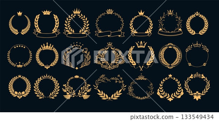 Crown with wreath emblem. Award badge, champion prize icon with and laurel wreath. Gold achievement logo with premium ribbon for winner and trophy with honor and victory. Ceremony label vector set 133549434