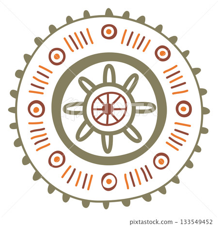 A circle with a wheel in the center and a pattern around it A circle with a wheel in the center and a pattern around it 133549452