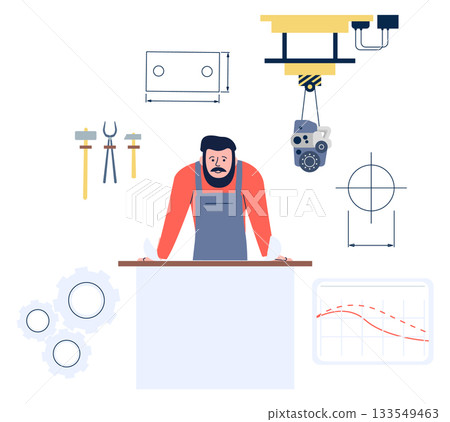 A man in a red apron stands in front of a table with a bunch of tools 133549463