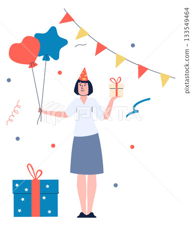 A woman is holding a box and a bunch of balloons 133549464