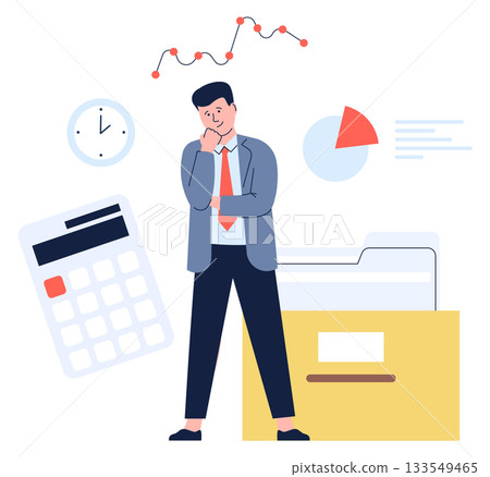 A man is standing in front of a file cabinet with a calculator 133549465