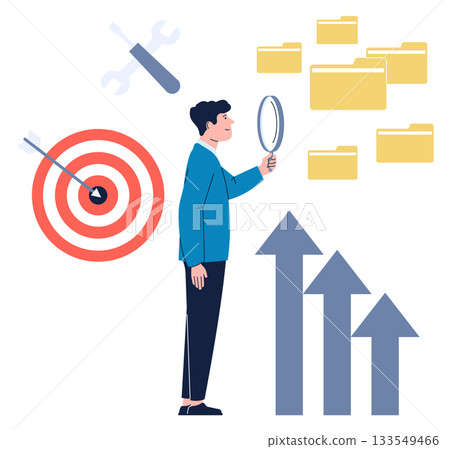 A man is looking through a magnifying glass at a target with a red bullseye 133549466