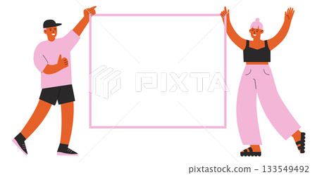 Two people are holding a white sign Two people are holding a white sign 133549492