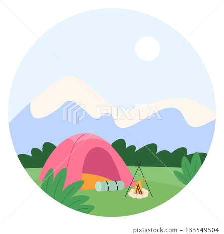 A pink tent is set up in a grassy field with a fire pit nearby A pink tent is set up in a grassy field with a fire pit nearby 133549504