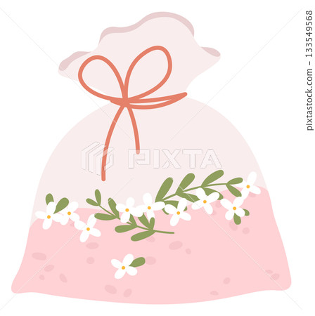 A pink bag with a white ribbon and flowers on it 133549568