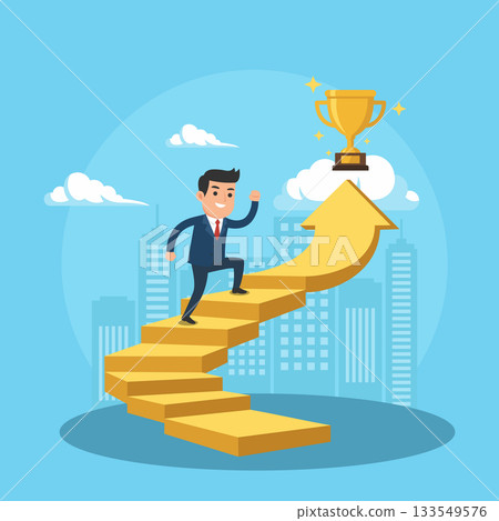 Businessman Climbing Golden Stairs Toward Success and Achievement Trophy, Vector Illustration 133549576