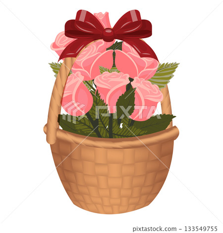 A bouquet of pink roses in a basket tied with a bow. 133549755