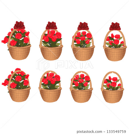 A set of baskets tied with bows containing bouquets of red roses. Vector illustration isolated on a white background. A set of baskets tied with bows containing bouquets of red roses. Vector illustration isolated on a white background. 133549759