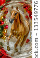 Galloping golden horse inside a festive ornament surrounded by colorful decorations 133549776