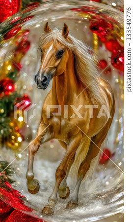 Galloping golden horse inside a festive ornament surrounded by colorful decorations Galloping golden horse inside a festive ornament surrounded by colorful decorations 133549776
