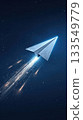Paper airplane soaring through a starry night sky with light trails and sparks 133549779